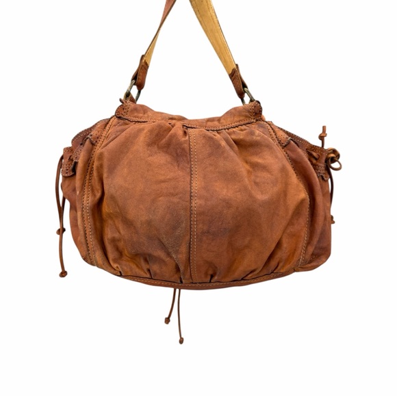 Lucky Brand Distressed Lamb Leather Hobo Bag Brown Boho Scallop Trim Fringe Vntg - Picture 5 of 16